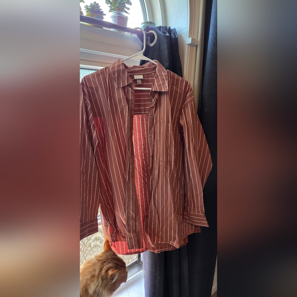 Women's Striped Button-Up Shirt in Rust with White Pinstripes